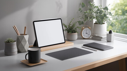 Fototapeta premium A modern minimalist workspace setup featuring a tablet, clean desk, and subtle accessories, creating a sleek, organized, and productive environment.