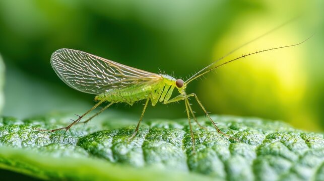 A green lacewing insect on a green leaf with a blurred green background.