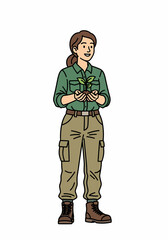 Obraz premium Woman in green shirt and cargo pants holding a small plant seedling, representing growth and nature conservation efforts