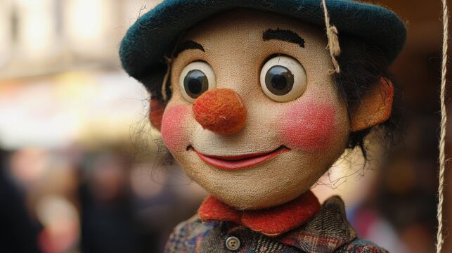 A vintage clown puppet with a blue hat and red nose, hanging from a string. - Powered by Adobe