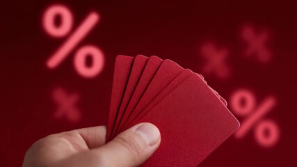 A shopper holds multiple red discount cards while eye-catching percentage signs float in the background.