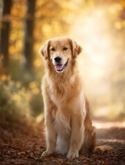 Golden retriever in autumn forest pathway surrounded by fall foliage
