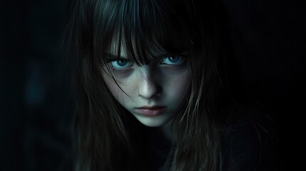 Child Portrait on Dark Background, Innocent Childhood, Portrait Photography, Emotional Expression Material
