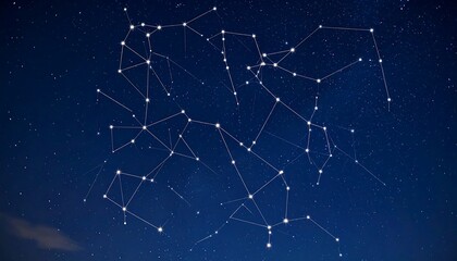 Starry night, connected constellations.  A network of constellations, depicted as light dots and thin lines, against a deep night sky filled with countless stars