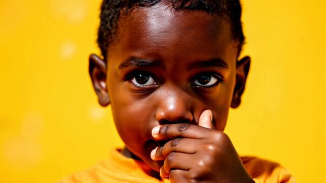 A charming black child with a curious look, set against a bright yellow background.