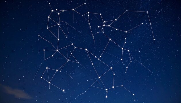 Starry night, connected constellations.  A network of constellations, depicted as light dots and thin lines, against a deep night sky filled with countless stars