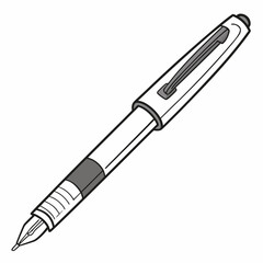 A simple line art illustration of a modern fountain pen with a silver clip and grey accents