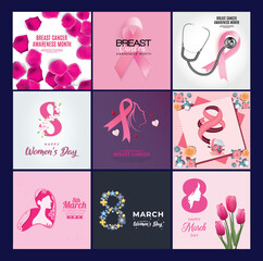 Breast Cancer Awareness Month Elements & Sticker Set | Support Oncology Fighters & Survivors