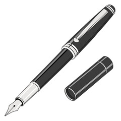 Classic black fountain pen with silver accents and its cap displayed separately on a white background