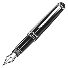 Classic black and white illustration of a vintage fountain pen with a silver clip and nib