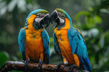 Obraz premium Vivid portrait of two colorful parrots perched close together in the rainforest, their bright blue and orange feathers glistening with raindrops against lush green jungle foliage.