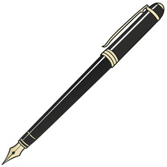 Elegant black fountain pen with gold accents and a silver clip isolated on white background