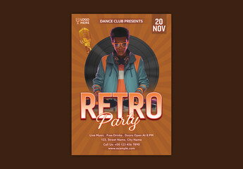 Retro Music Party Flyer with Male DJ Player and Event Details, Editable Design.