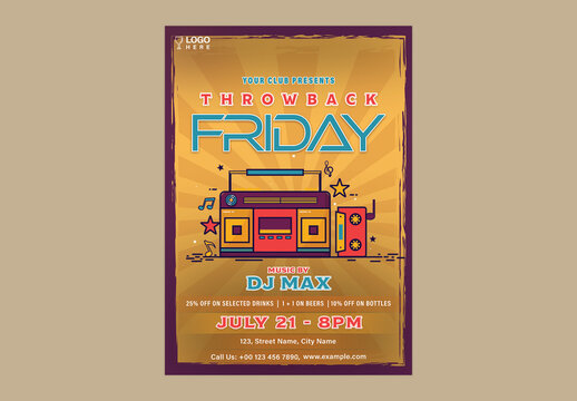 Throwback Friday Party Flyer with Retro Boombox for Club or DJ Event Promotion, Editable Design.