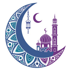 Islamic crescent moon with intricate mandala design and mosque silhouette