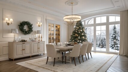 Luxury European Christmas dining room with rectangular matte laminate table and elegant holiday styling for Mid-Atlantic homes
