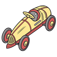 Retro yellow and red toy race car with a steering wheel and four wheels