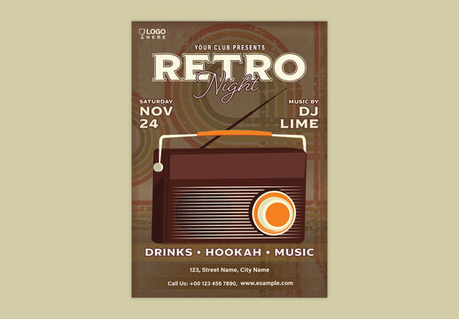 Retro Night Flyer with Radio Illustration for Club Event or Live Music Party Promotion, Editable Design.