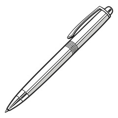 Stylized illustration of a modern silver ballpoint pen with a clip and textured grip