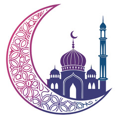 Stylized islamic crescent moon with mosque and minaret silhouette in purple and blue gradient