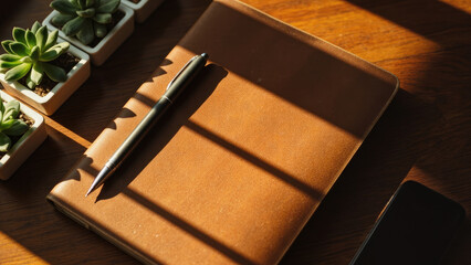 Brown leather notebook with pen and succulent plants on a wooden table with sunlight shadows and a smartphone