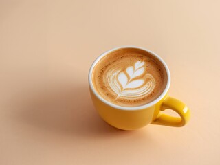 Yellow Mug with Coffee Latte Art on Beige Background A Cup of Comfort and Joy.