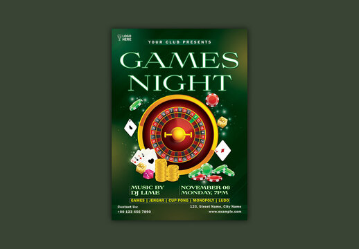 Games Night Editable Flyer with Roulette Wheel, Casino Chips, Dices and Event Details for Club Party.