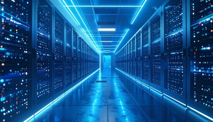 A futuristic data center glowing with blue server racks, symbolizing advanced AI processing power in high detail.