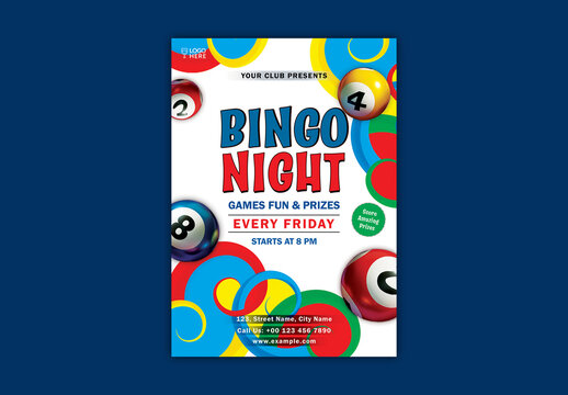 Bingo Night Flyer with Colorful Bingo Balls and Event Details for Fun and Prizes, Editable Design.