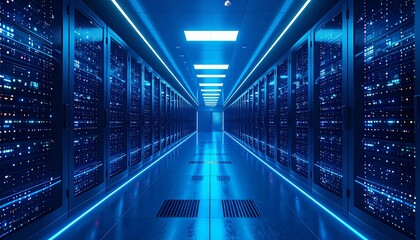 A futuristic data center glowing with blue server racks, symbolizing advanced AI processing power in high detail.