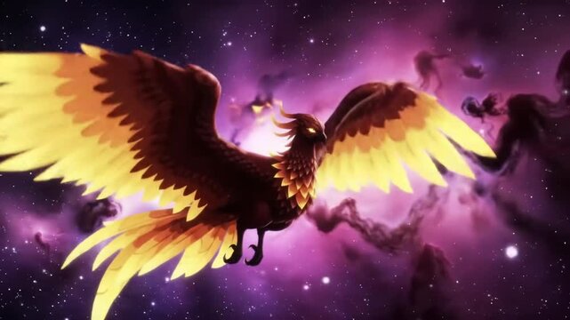 Golden phoenix soaring through nebula