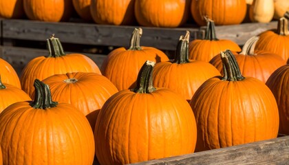 Rows of bright orange pumpkins on display