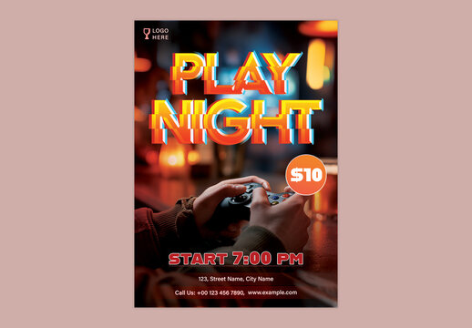 Game Night Theme Flyer with Neon Gaming Equipment for Tournament or E-sports Event Promotion, Editable Design.