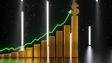 3D bar chart with dollar sign and green growth line on black background with spotlights