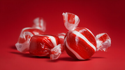 A close up shot of several red and white wrapped candies on red background