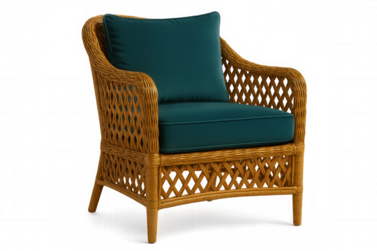 Wicker armchair with teal cushions providing a stylish seating solution, perfect for interior design projects or e-commerce platforms