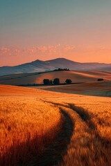 Obraz premium Golden wheat field path at sunrise