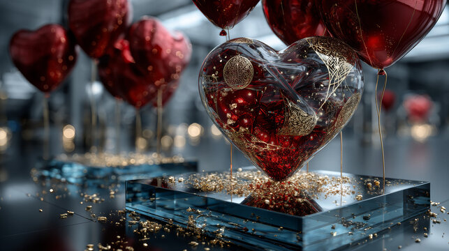 Happy Valentine's Day holiday card. Like symbol, realistic red balloons and golden confetti on blue podium. Vector illustration with 3d decorative objects for Valentine's Day.