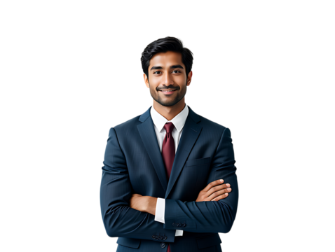 Confident indian businessman in a suit with arms crossed isolated on transparent background