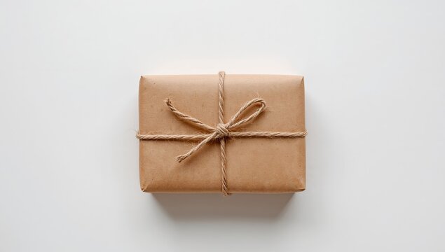 Minimalist Gift Package Wrapped in Brown Paper and Tied with Natural Twine.