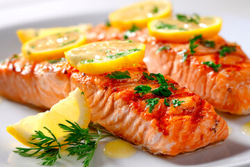 Grilled salmon fillets served with lemon slices, fresh herbs and oil on a white plate

