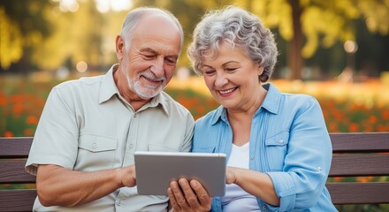 Senior Couple Holding Tablet Outdoors – Elderly Technology Lifestyle Concept.