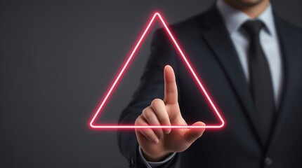 Businessman touching neon triangle interface futuristic technology presentation suit