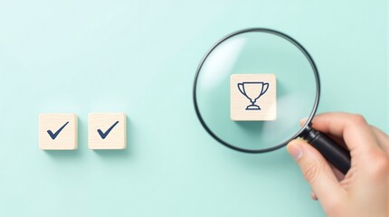 Achieve goals success checklist complete tasks magnifying glass trophy concept image