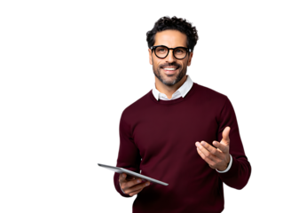 Smiling businessman holding a tablet and gesturing isolated on transparent background