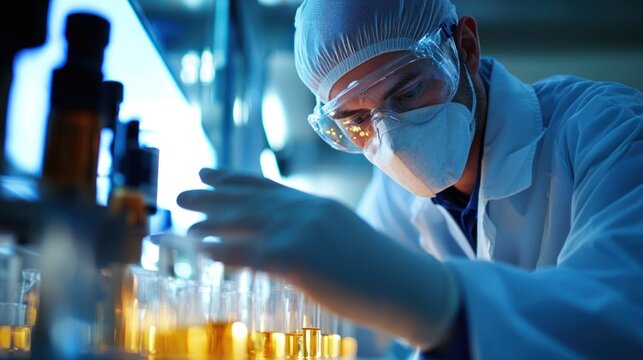 A scientist in a lab coat and protective gear, examining test tubes in a laboratory setting.