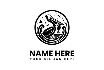 Black and White Pelican Logo with Fish Birds and Water Elements.