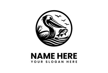 Black and white pelican logo with fish and birds in circular design.