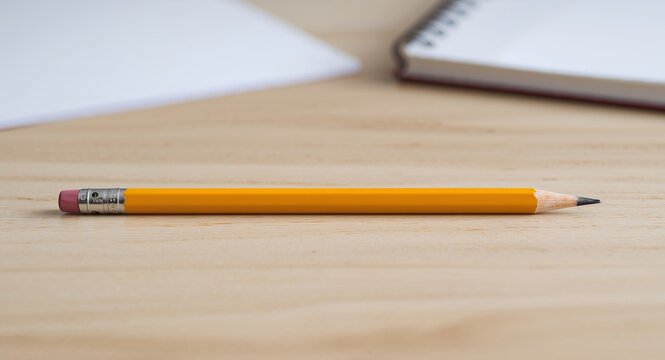 Yellow Pencil Lying on a Light Wooden Table with Paper and Notebook in Background.