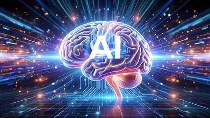 Futuristic glowing ai brain with intricate neural network connections and digital data streams representing artificial intelligence and advanced technology